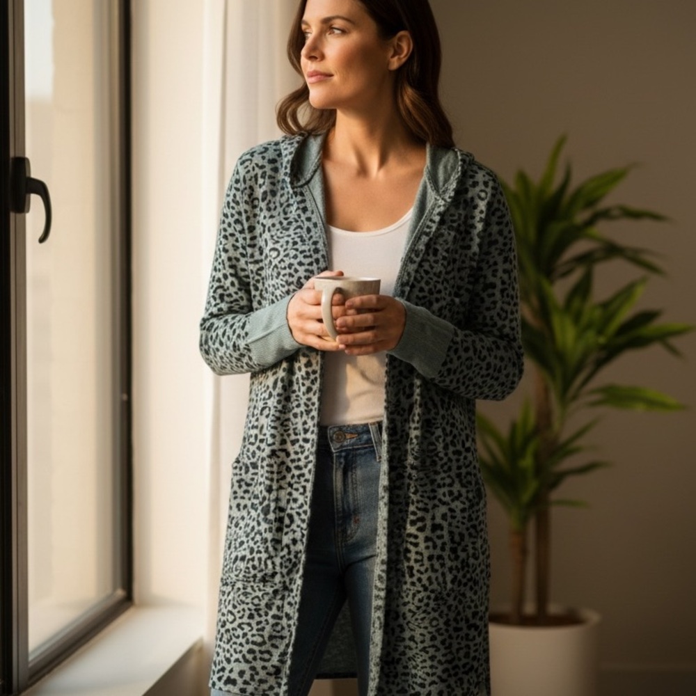 Theo & Spence Yummy Leopard Print Brushed Knit Open Front Pocket Duster Cardigan